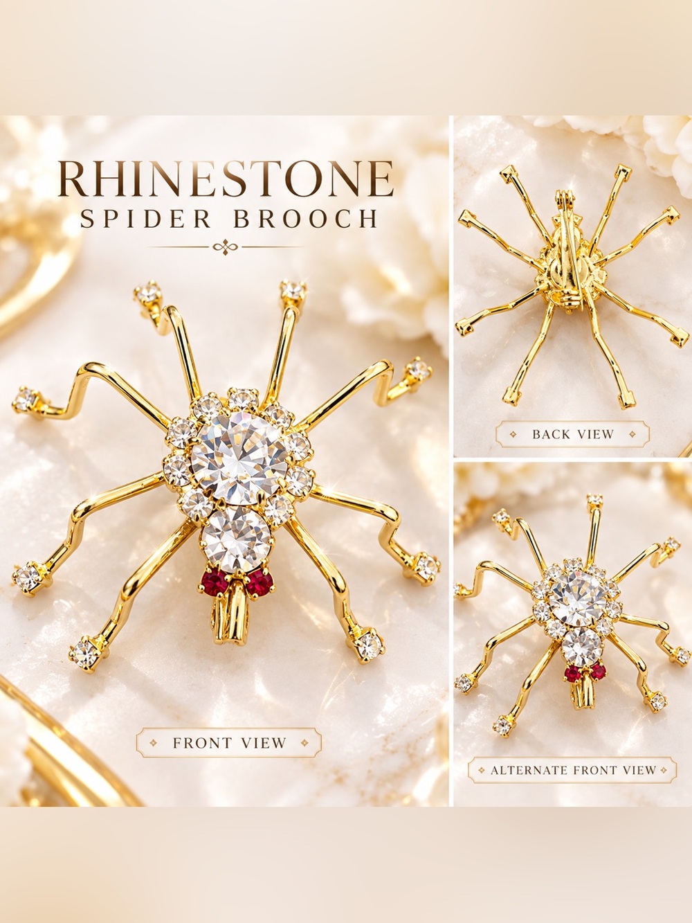 Gold Rhinestone Spider Vintage Brooch with Clear Crystals
